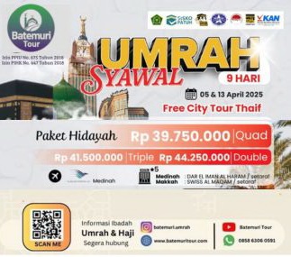 Umroh  Syawal , Paket Hidayah ,  Free Thaif, Btt – Duta Sahara, 9 hari, Keberangkatan 5 dan 13 April 2025